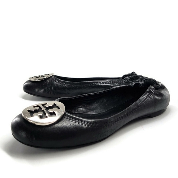 Tory Burch Reva Black Leather Silver-Tone Double-T Medallion Classic Ballet Flat - Picture 1 of 11